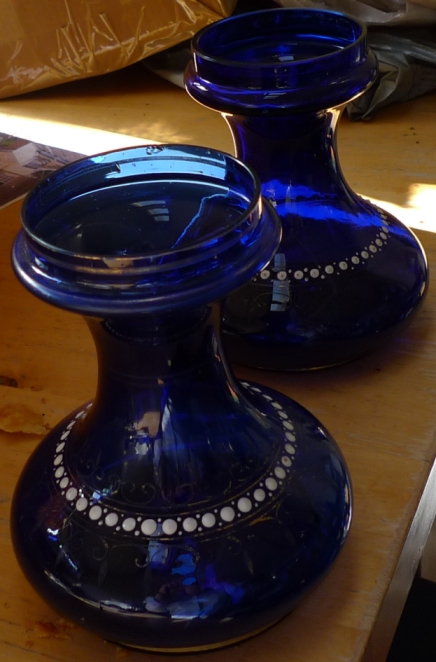 pair decorated cobalt blue hyacinth vases